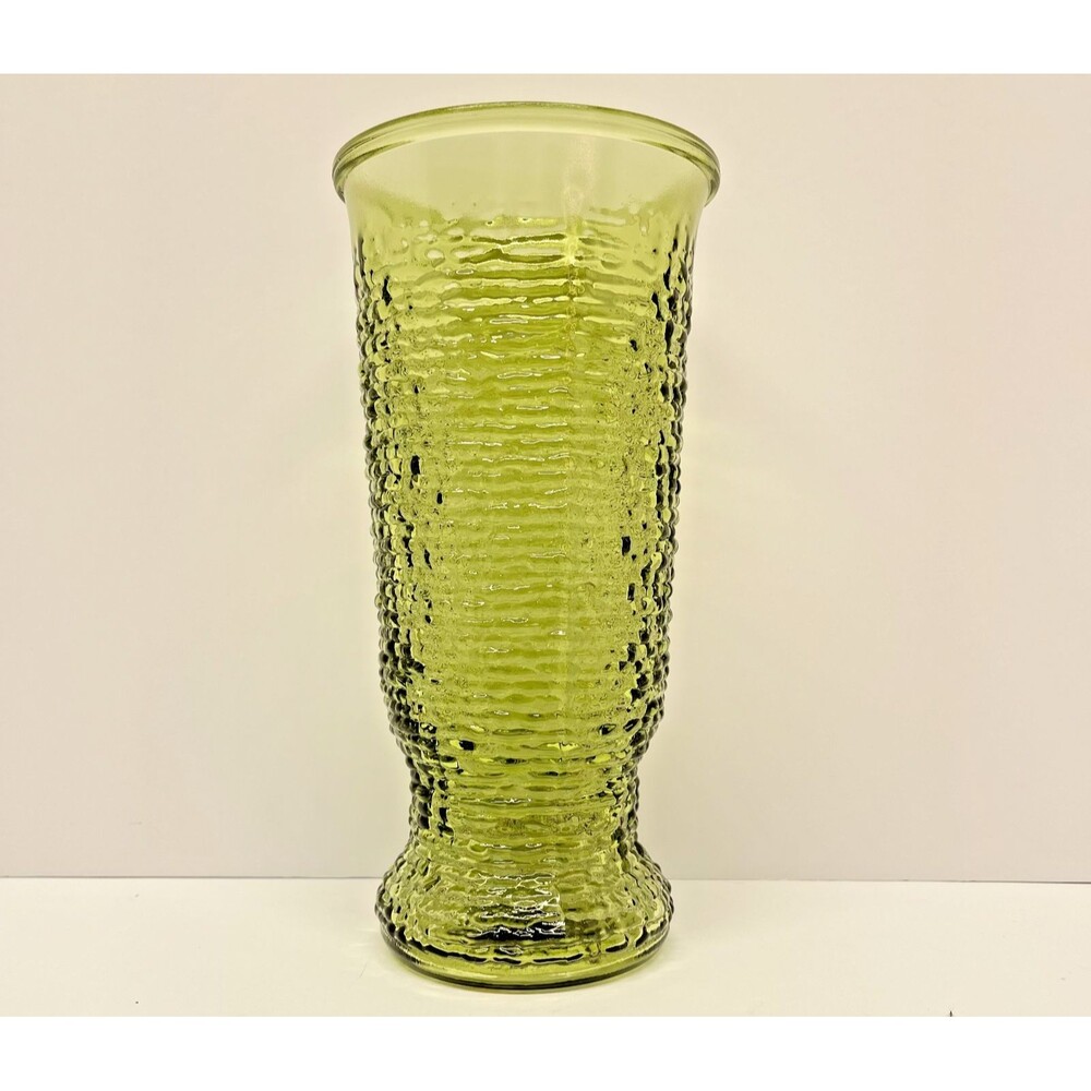 Vintage Anchor Hocking Soreno Avocado 9" Vase-Textured Pressed Bark Pattern-VG